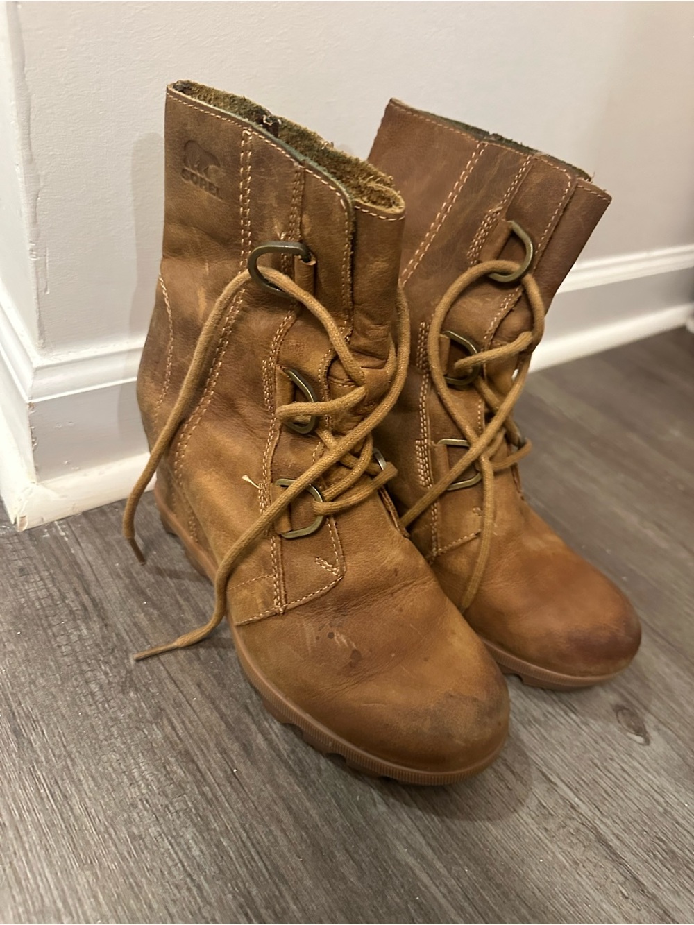 Sorel Brown Leather Lace-Up Wedge Ankle Boots - Women